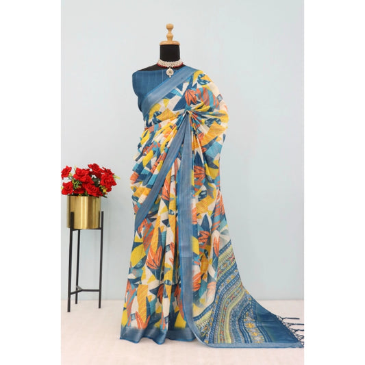 Women's Linen Digital Print Saree With Unstitched Blouse 5.5Mtr (Multicolor)