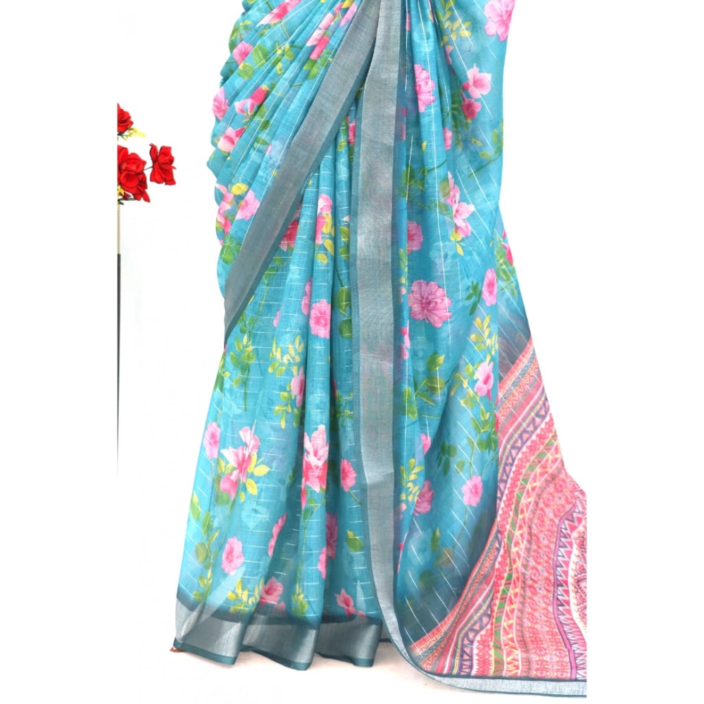 Women's Linen Digital Print Saree With Unstitched Blouse 5.5Mtr (Green)