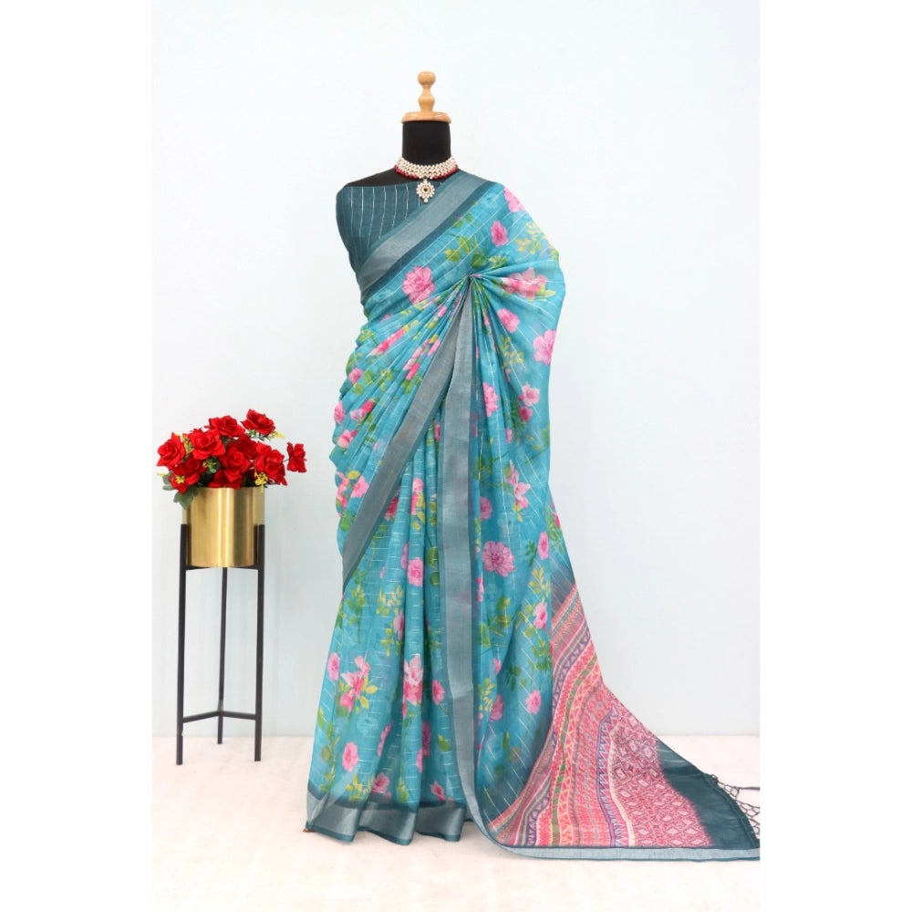 Women's Linen Digital Print Saree With Unstitched Blouse 5.5Mtr (Green)