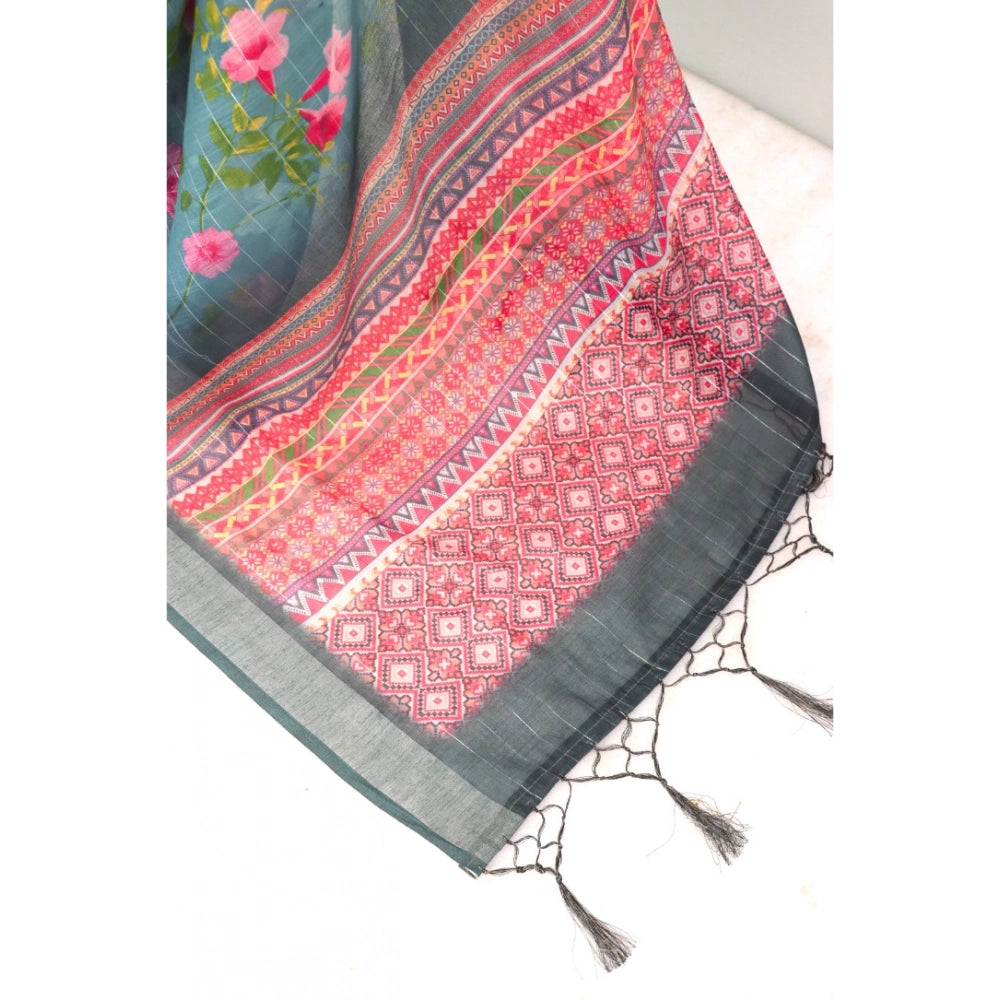 Women's Linen Digital Print Saree With Unstitched Blouse 5.5Mtr (Green)