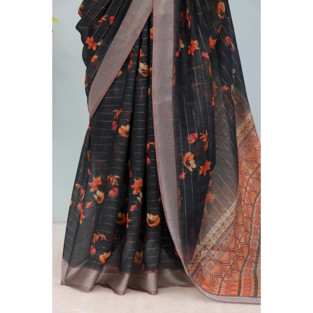 Women's Linen Digital Print Saree With Unstitched Blouse 5.5Mtr (Black)