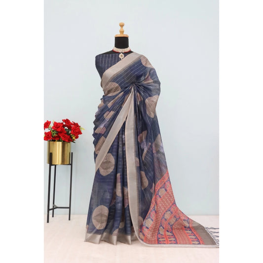 Women's Linen Digital Print Saree With Unstitched Blouse 5.5Mtr (Blue)