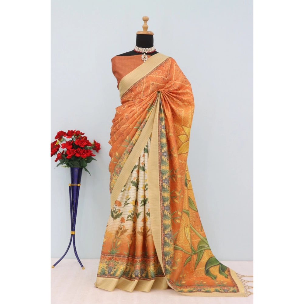 Women's Mysore Silk Digital Print Saree With Unstitched Blouse 5.5Mtr (Mustard)