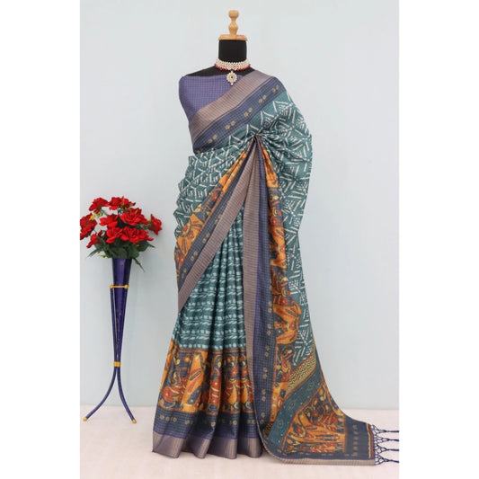 Women's Mysore Silk  Digital Print Saree With Unstitched Blouse 5.5Mtr (Green)