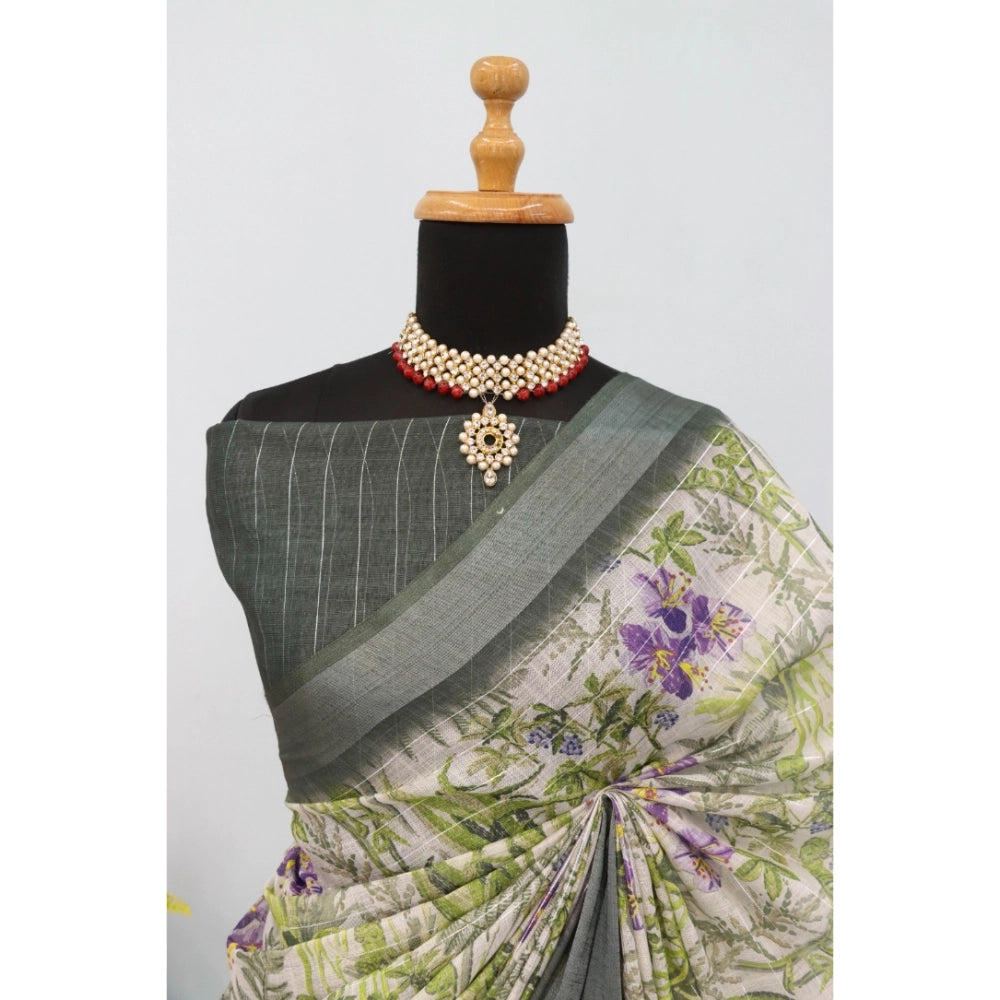 Women's Linen Digital Print Saree With Unstitched Blouse 5.5Mtr (Green)