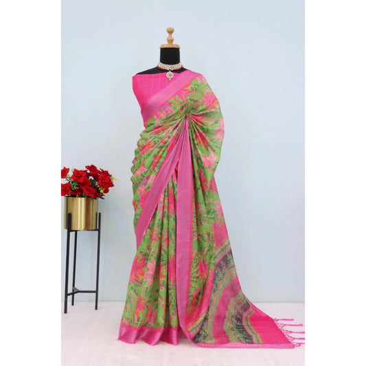 Women's Linen Digital Print Saree With Unstitched Blouse 5.5Mtr (Green)