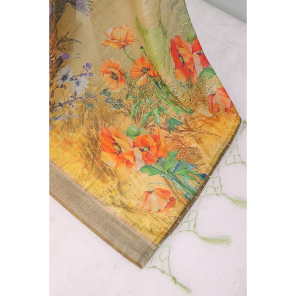 Women's Linen Digital Print Saree With Unstitched Blouse 5.5Mtr (Multicolor)