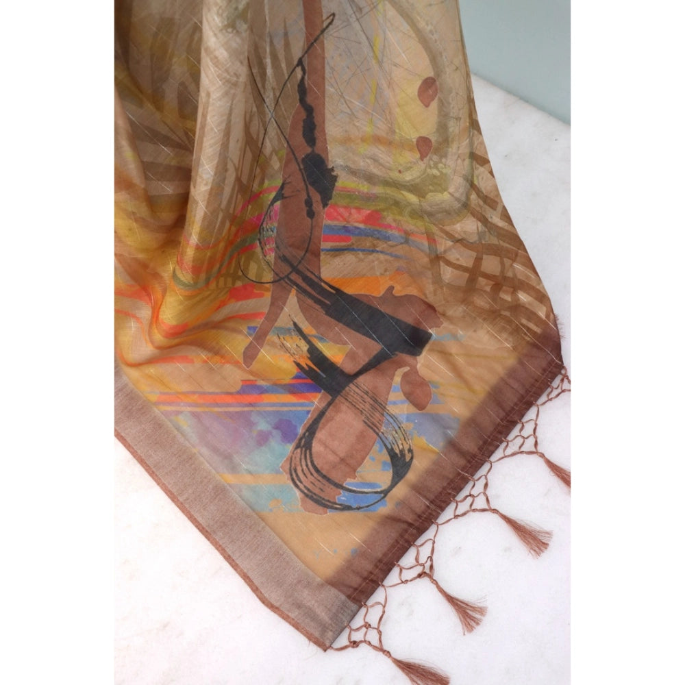 Women's Linen Digital Print Saree With Unstitched Blouse 5.5Mtr (Multicolor)