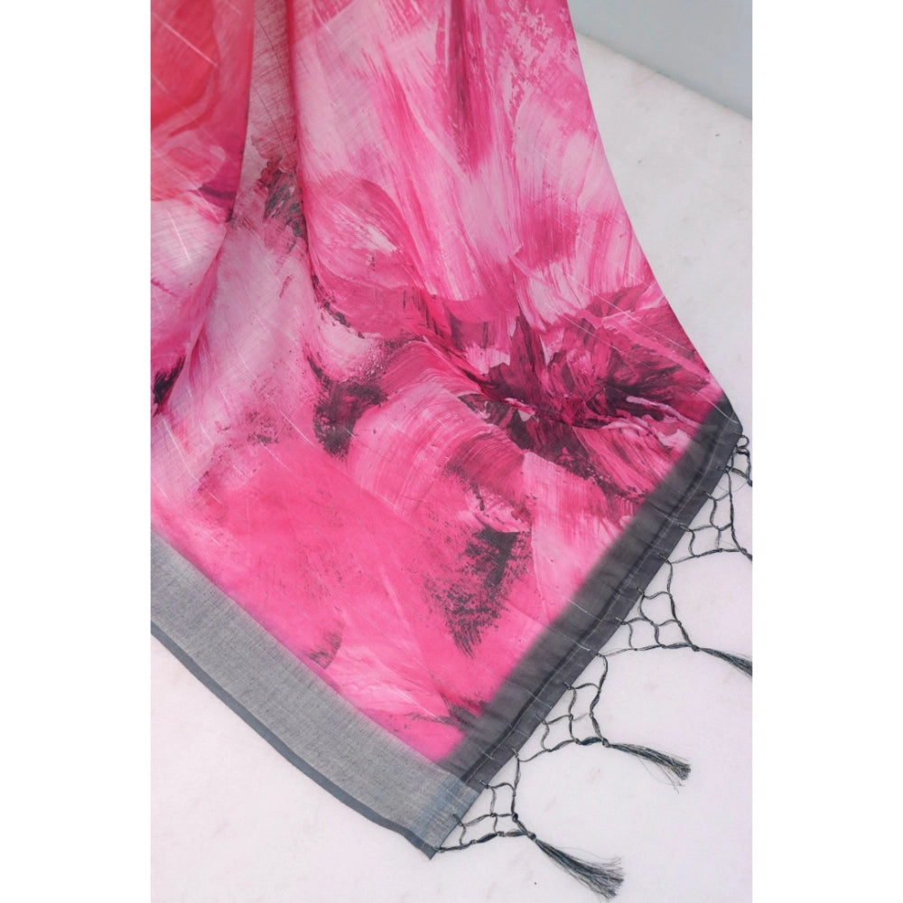 Women's Linen Digital Print Saree With Unstitched Blouse 5.5Mtr (Pink)