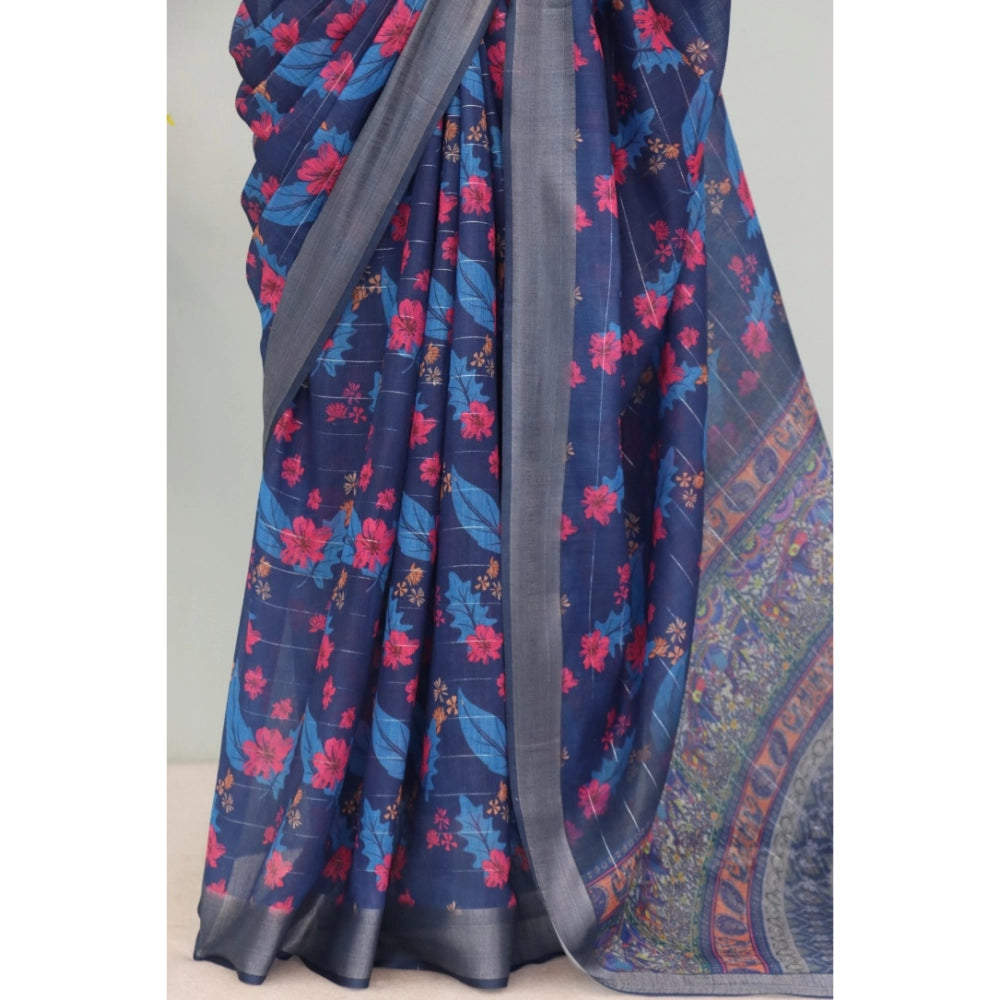 Women's Linen Digital Print Saree With Unstitched Blouse 5.5Mtr (Blue)