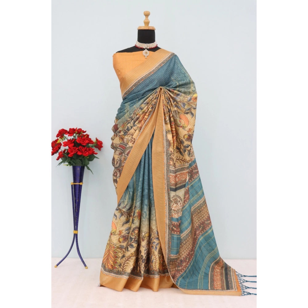 Women's Mysore Silk Digital Print Saree With Unstitched Blouse 5.5Mtr (Blue)