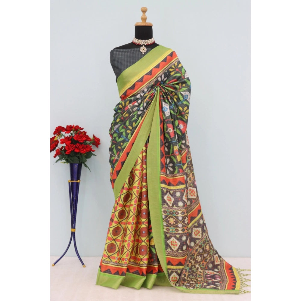 Women's Mysore Silk Digital Print Saree With Unstitched Blouse 5.5Mtr (Green)
