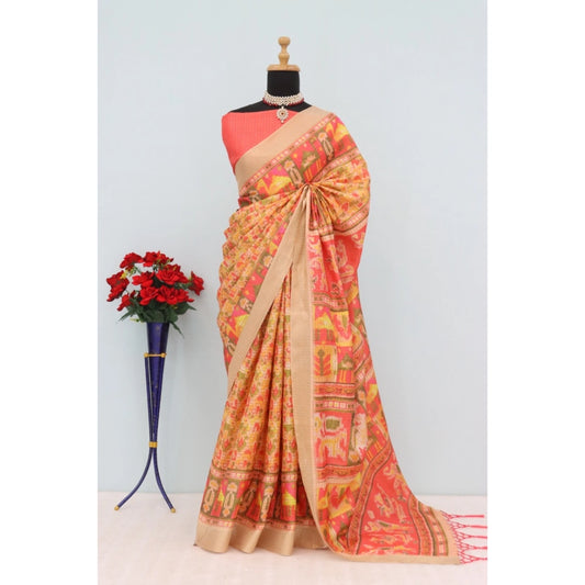 Women's Mysore Silk  Digital Print Saree With Unstitched Blouse 5.5Mtr (Orange)