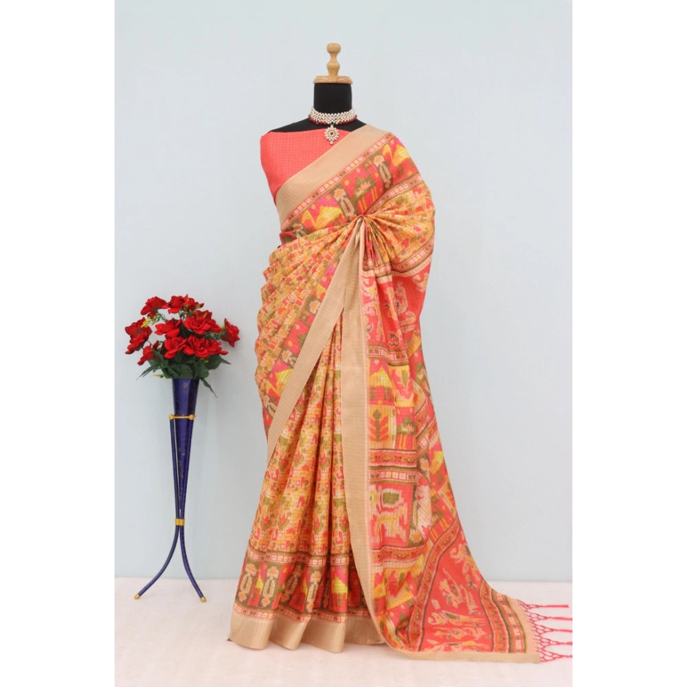 Women's Mysore Silk Digital Print Saree With Unstitched Blouse 5.5Mtr (Orange)