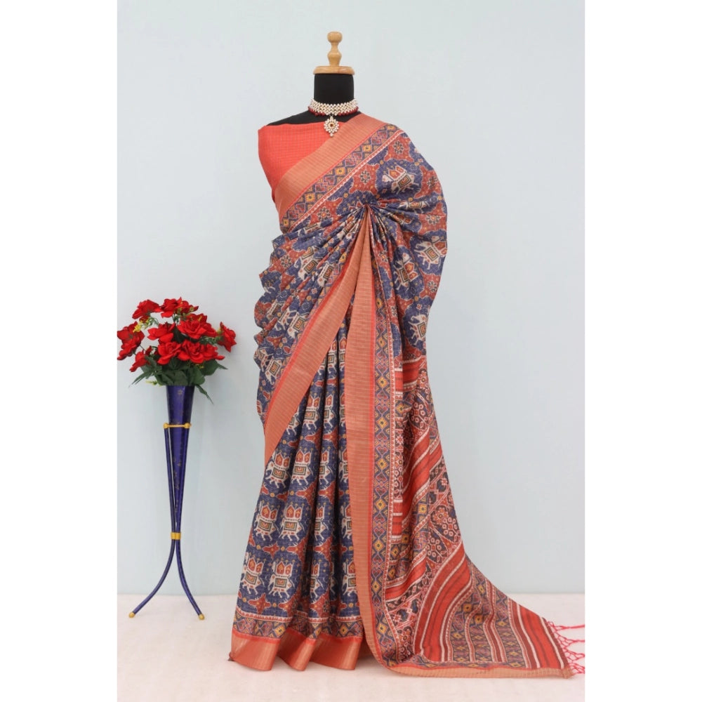 Women's Mysore Silk Digital Print Saree With Unstitched Blouse 5.5Mtr (Blue)