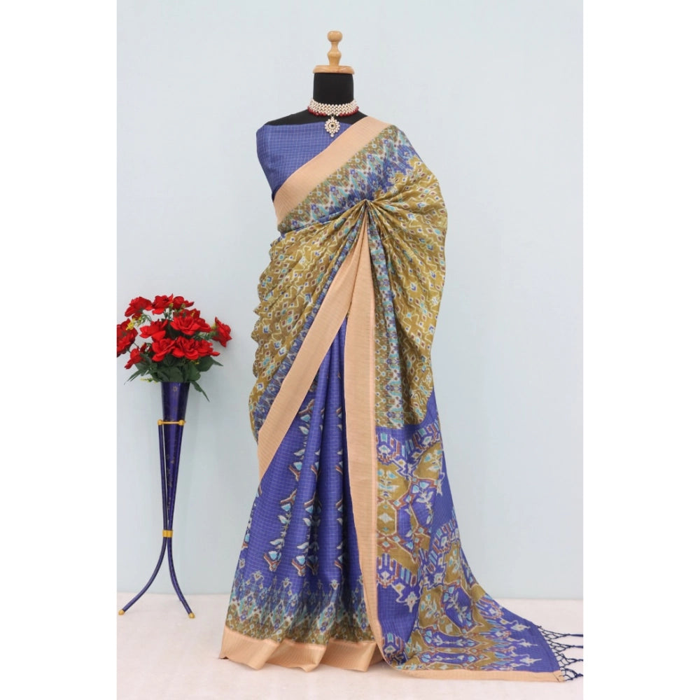 Women's Mysore Silk Digital Print Saree With Unstitched Blouse 5.5Mtr (Blue)