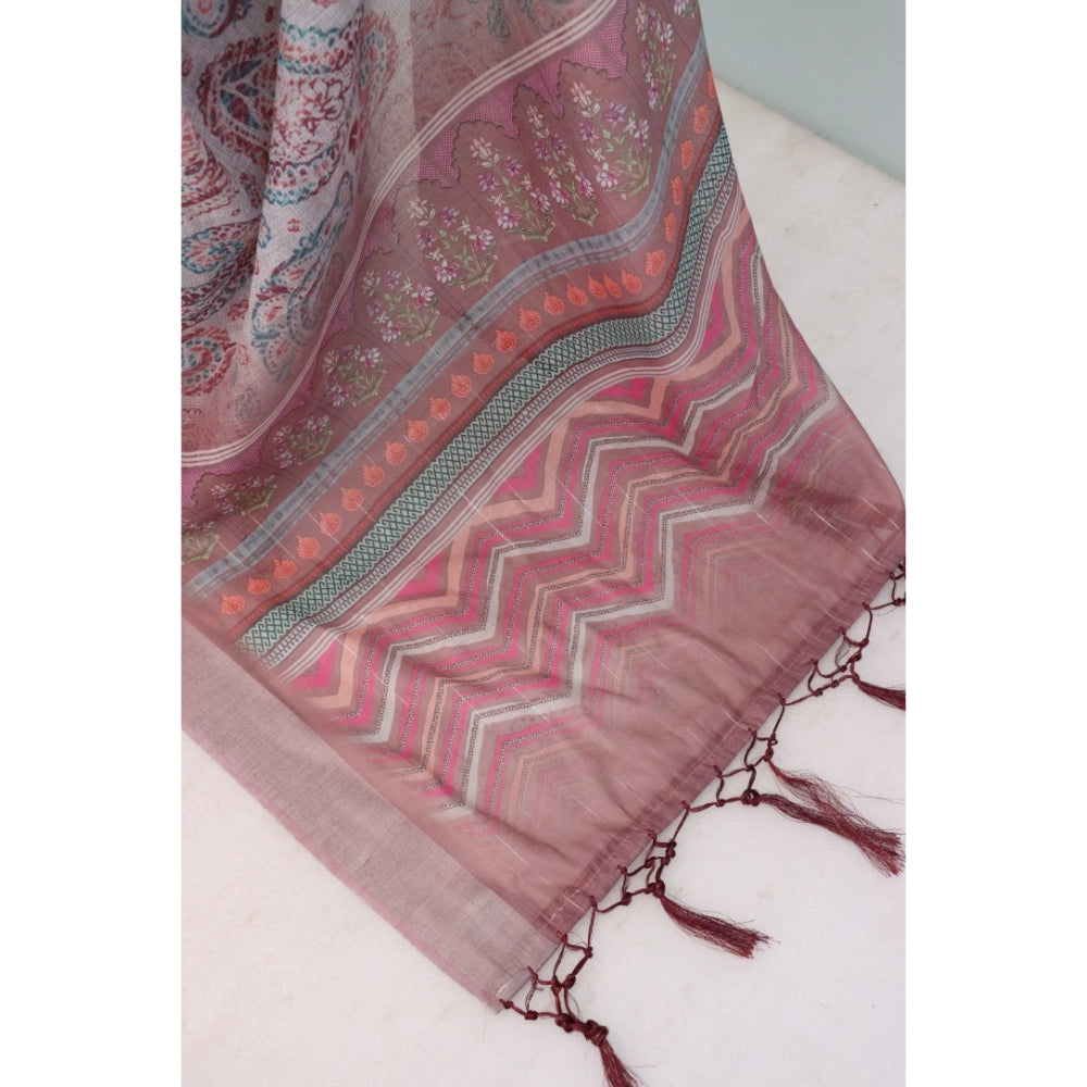 Women's Linen Digital Print Saree With Unstitched Blouse 5.5Mtr (Brown)