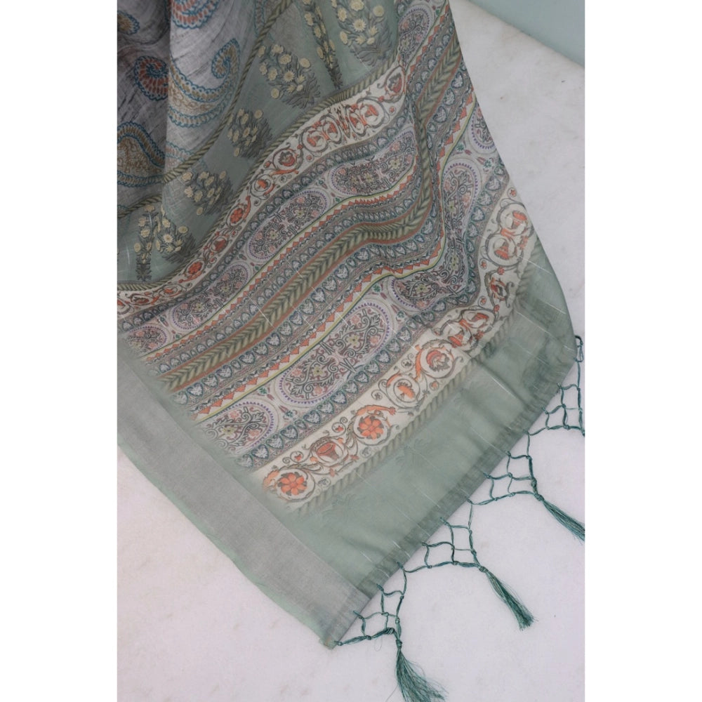 Women's Linen Digital Print Saree With Unstitched Blouse 5.5Mtr (Grey)