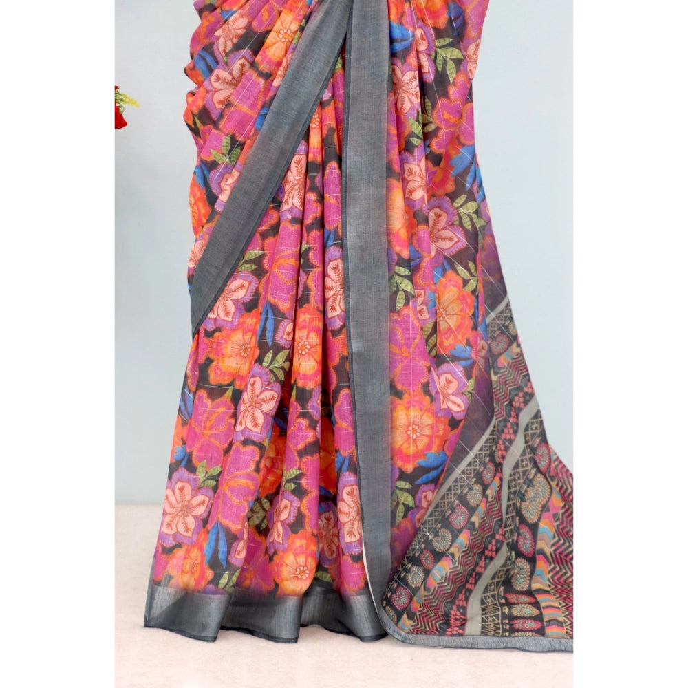 Women's Linen Digital Print Saree With Unstitched Blouse 5.5Mtr (Grey)