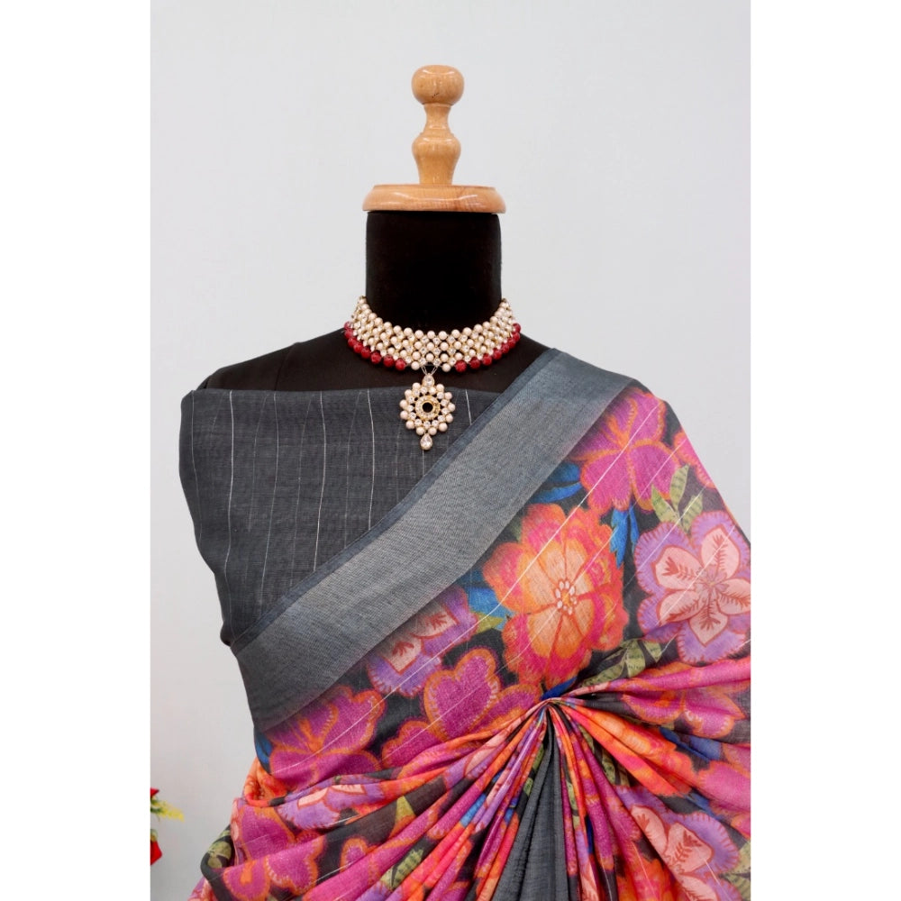 Women's Linen Digital Print Saree With Unstitched Blouse 5.5Mtr (Grey)