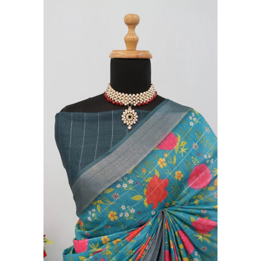 Women's Linen Digital Print Saree With Unstitched Blouse 5.5Mtr (Green)