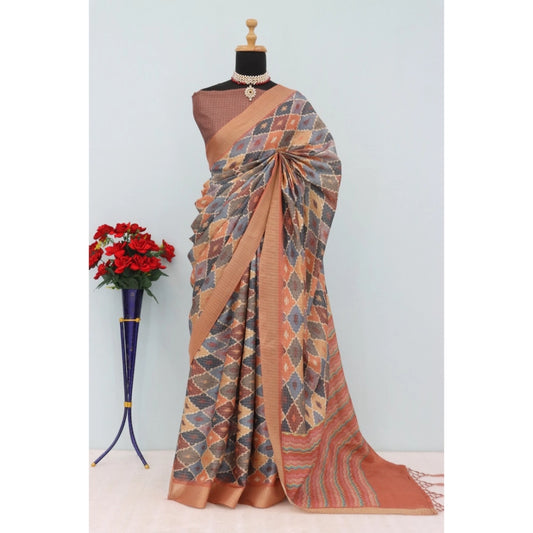 Women's Mysore Silk  Digital Print Saree With Unstitched Blouse 5.5Mtr (Brown)