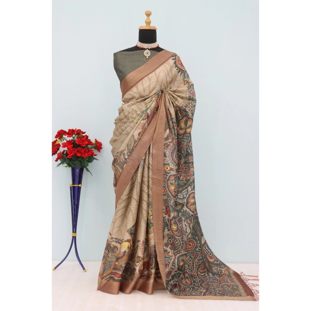 Women's Mysore Silk Digital Print Saree With Unstitched Blouse 5.5Mtr (Beige)