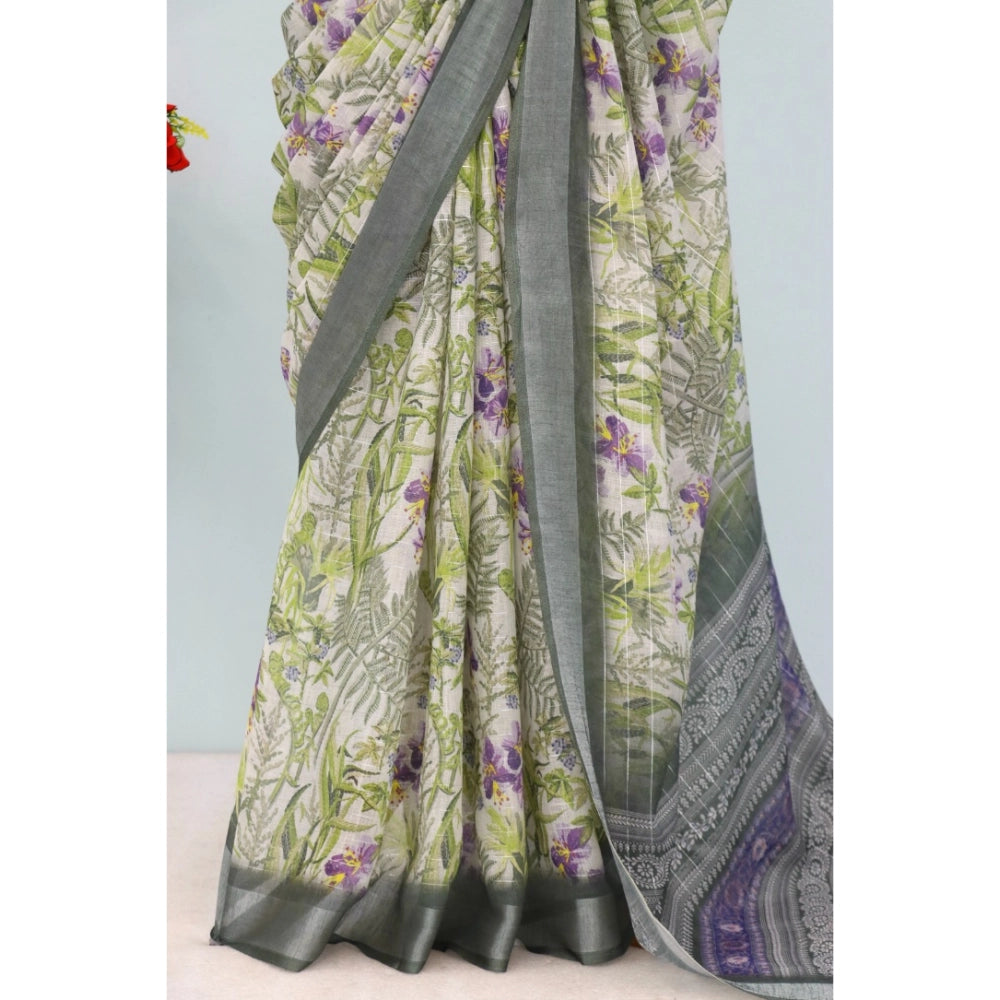 Women's Linen Digital Print Saree With Unstitched Blouse 5.5Mtr (Green)