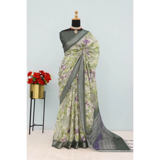 Women's Linen Digital Print Saree With Unstitched Blouse 5.5Mtr (Green)