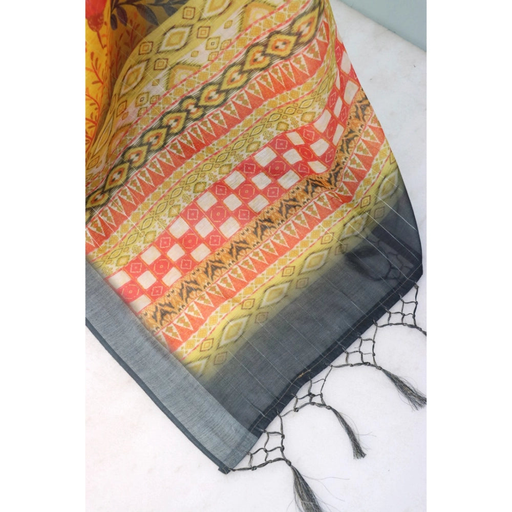 Women's Linen Digital Print Saree With Unstitched Blouse 5.5Mtr (Multicolor)