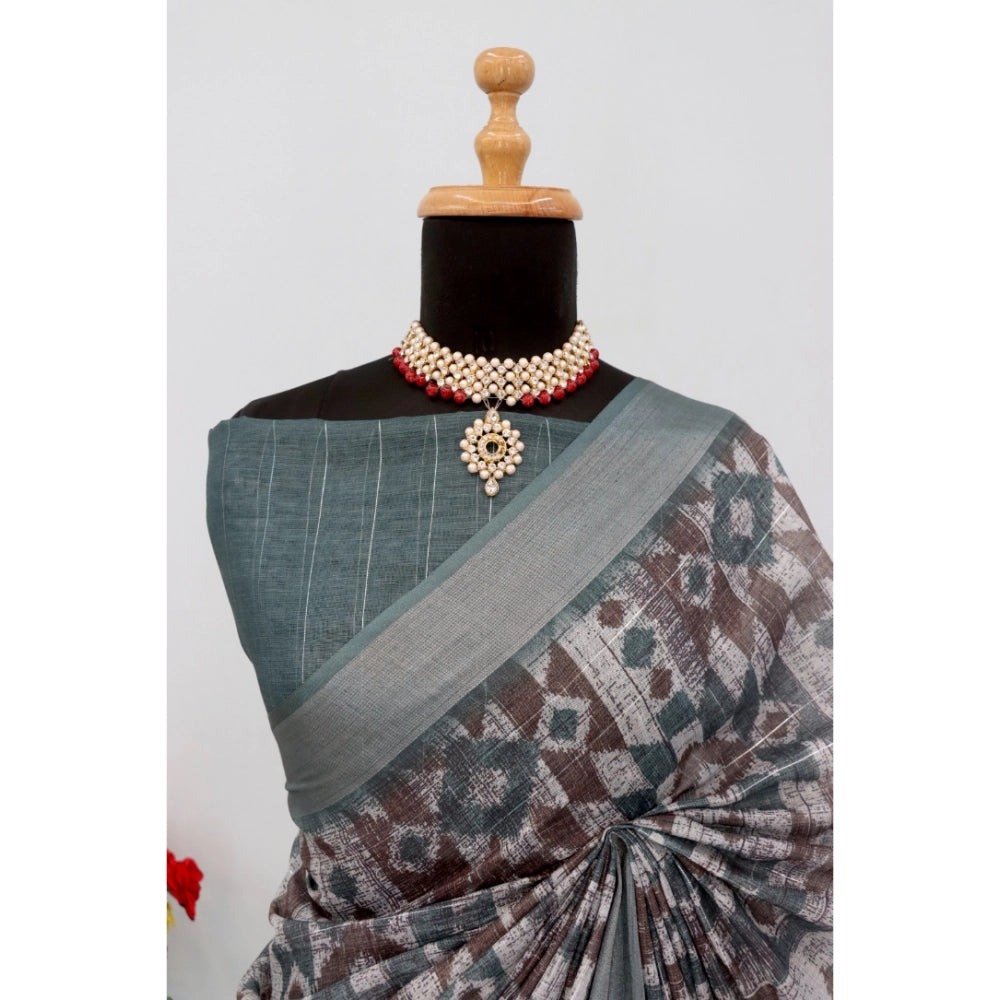 Women's Linen Digital Print Saree With Unstitched Blouse 5.5Mtr (Grey)