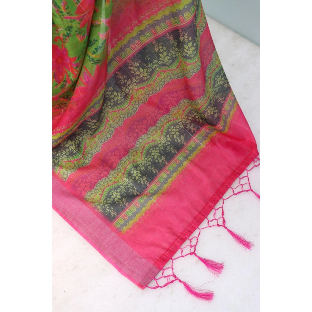 Women's Linen Digital Print Saree With Unstitched Blouse 5.5Mtr (Green)