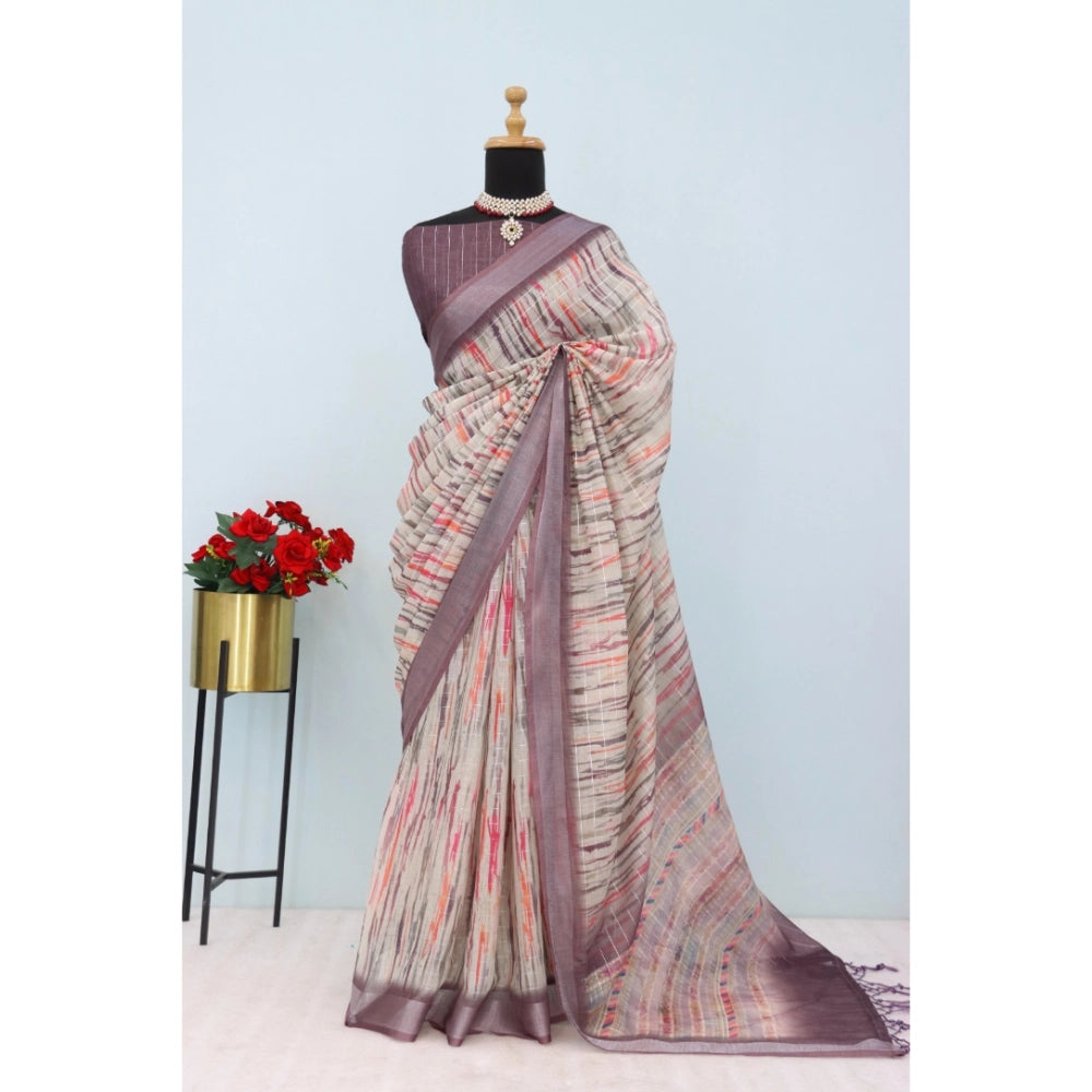 Women's Linen Digital Print Saree With Unstitched Blouse 5.5Mtr (Grey)