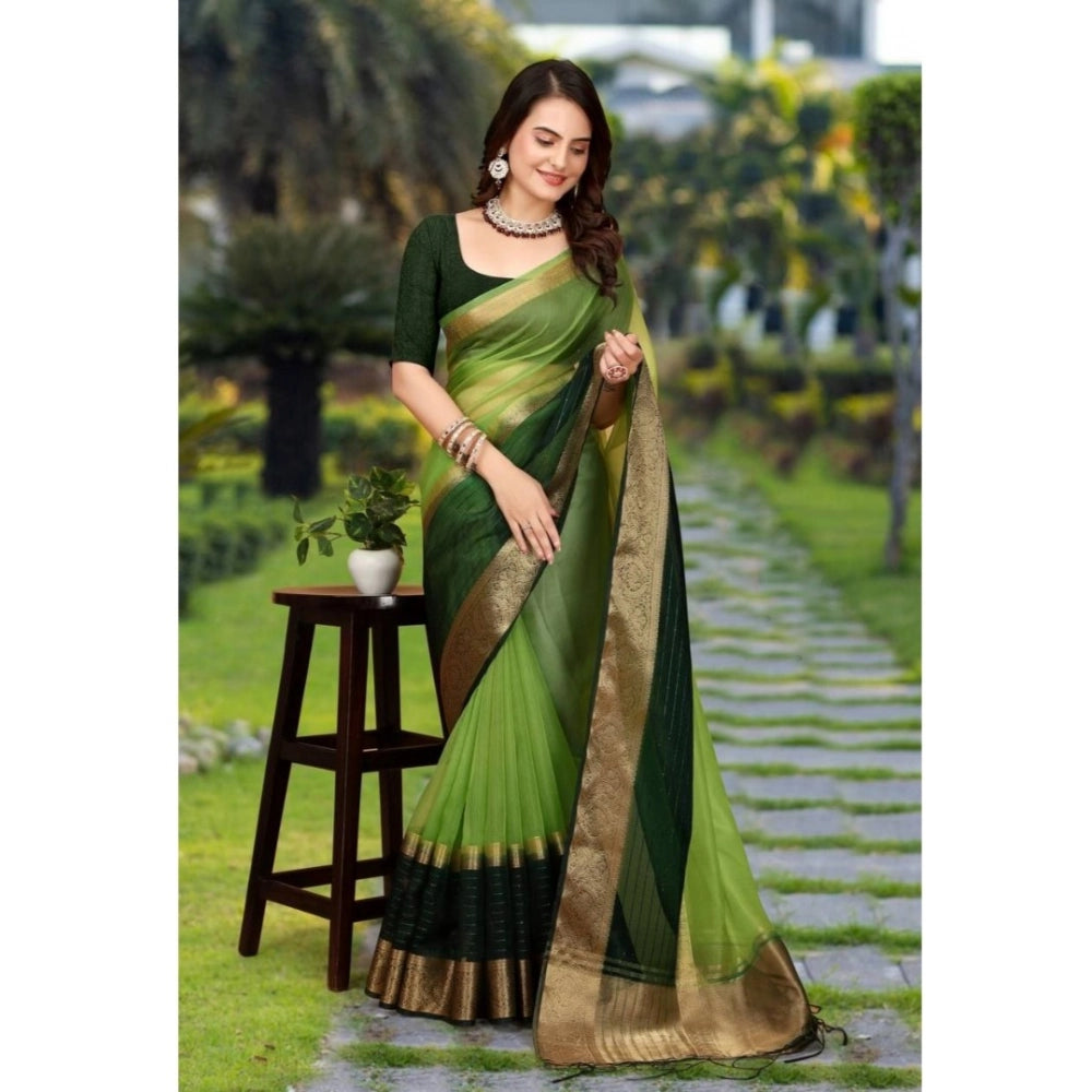 Women's Khadi Cotton Solid Saree With Unstitched Blouse 5.5Mtr (Green)
