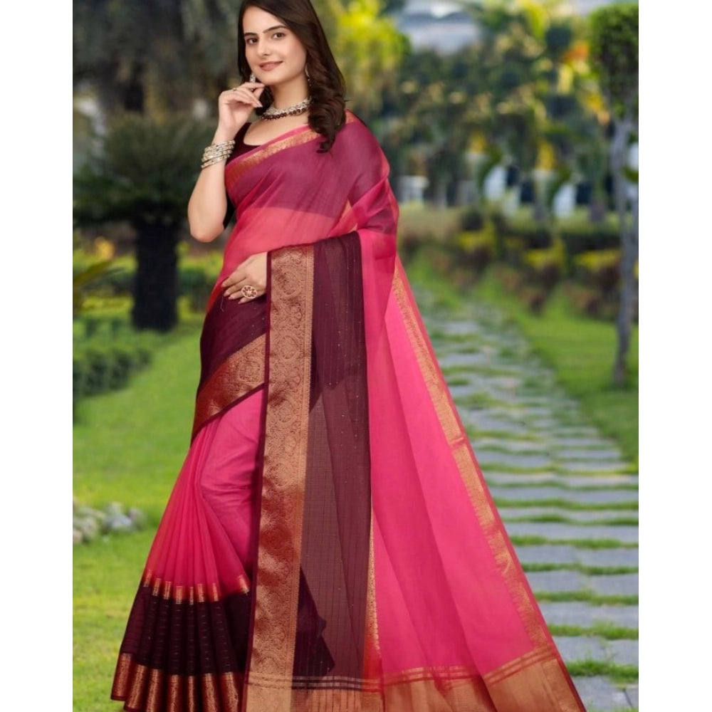 Women's Khadi Cotton Solid Saree With Unstitched Blouse 5.5Mtr (Pink)