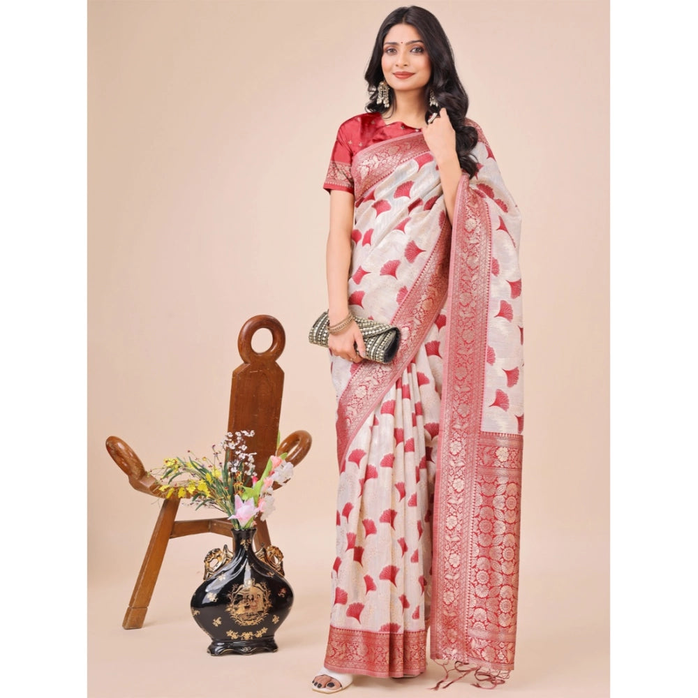 Women's Linen Cotton Printed Saree With Unstitched Blouse 5.5Mtr (Maroon)