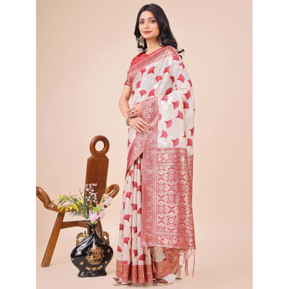 Women's Linen Cotton Printed Saree With Unstitched Blouse 5.5Mtr (Maroon)