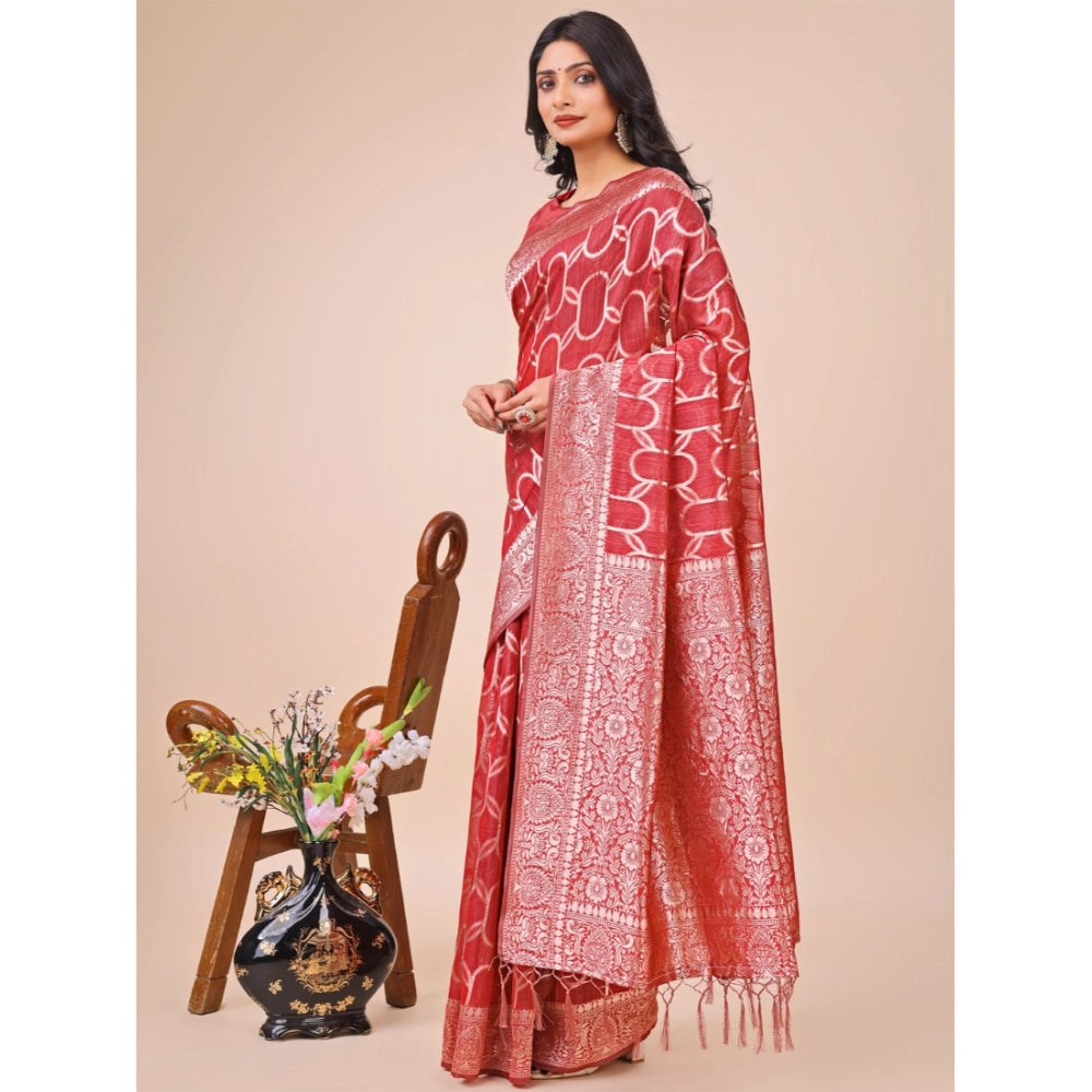 Women's Linen Cotton Printed Saree With Unstitched Blouse 5.5Mtr (Red)