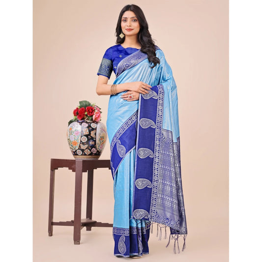 Women's Lichi Silk Printed Saree With Unstitched Blouse 5.5Mtr (Sky Blue)
