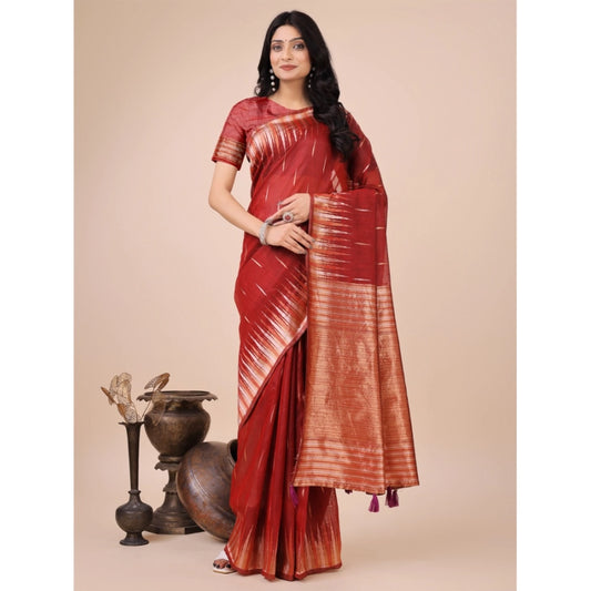 Women's Linen Cotton Printed Saree With Unstitched Blouse 5.5Mtr (Red)