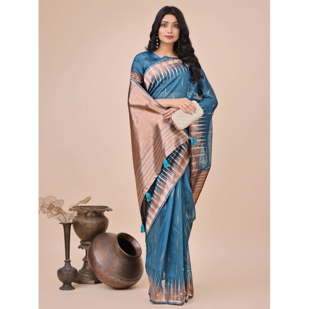 Women's Linen Cotton Printed Saree With Unstitched Blouse 5.5Mtr (Blue)