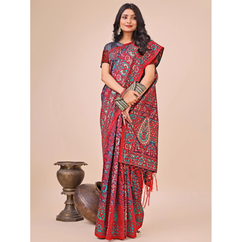 Women's Cotton Printed Saree With Unstitched Blouse 5.5Mtr (Red)