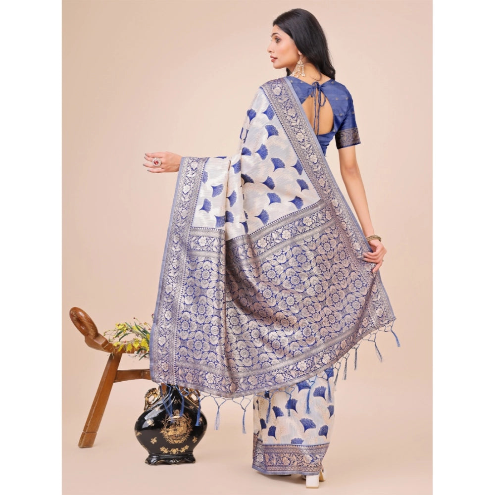 Women's Linen Cotton Printed Saree With Unstitched Blouse 5.5Mtr (Blue)
