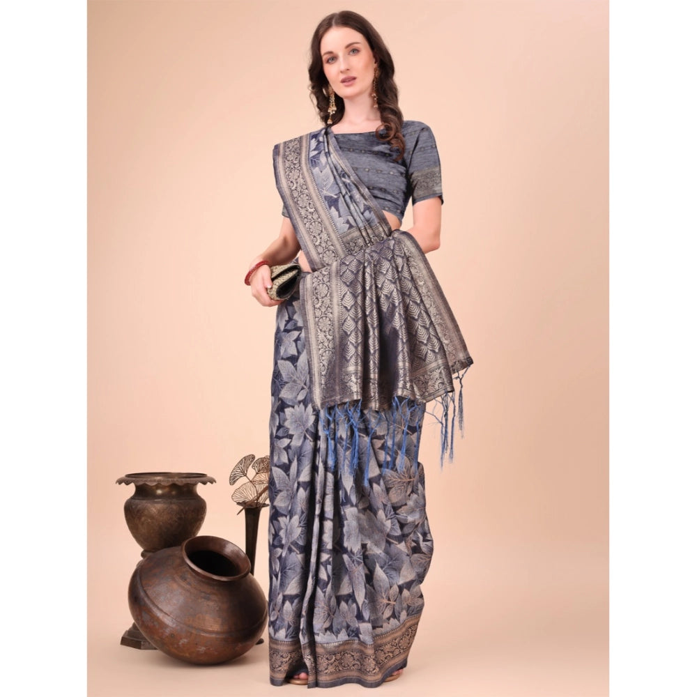 Women's Cotton Printed Saree With Unstitched Blouse 5.5Mtr (Navy Blue)