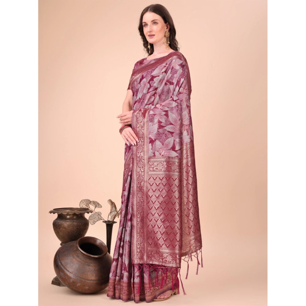 Women's Cotton Printed Saree With Unstitched Blouse 5.5Mtr (Magenta)