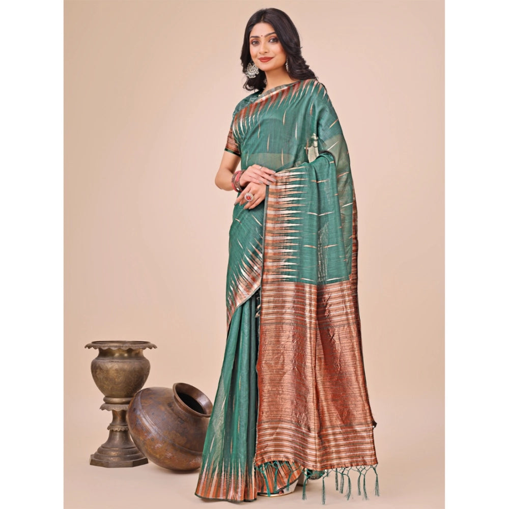 Women's Linen Cotton Printed Saree With Unstitched Blouse 5.5Mtr (Green)