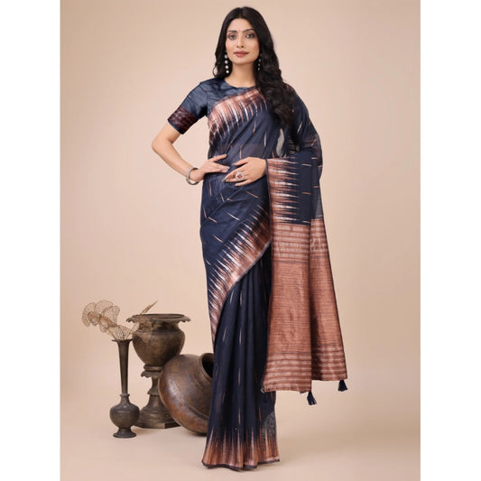 Women's Linen Cotton Printed Saree With Unstitched Blouse 5.5Mtr (Navy Blue)