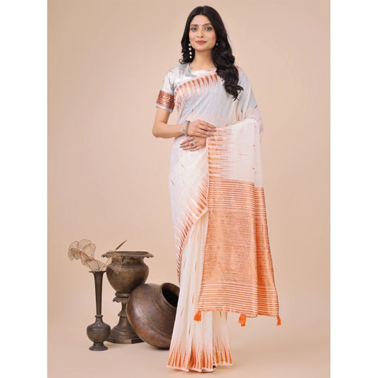 Women's Linen Cotton Printed Saree With Unstitched Blouse 5.5Mtr (White)