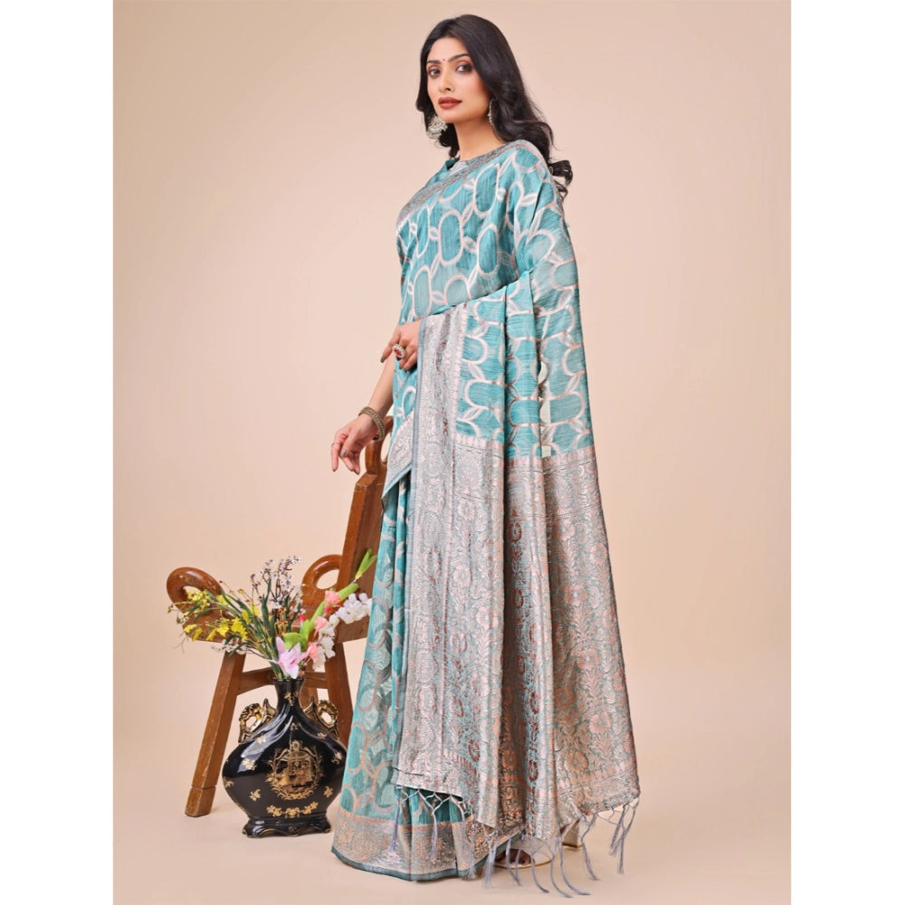 Women's Linen Cotton Printed Saree With Unstitched Blouse 5.5Mtr (Teal)