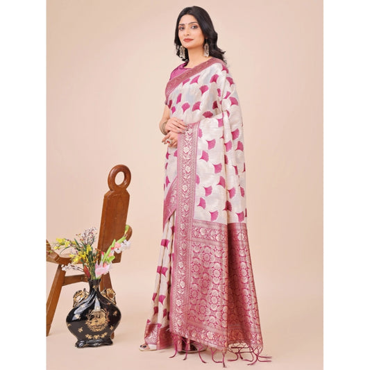 Women's Linen Cotton Printed Saree With Unstitched Blouse 5.5Mtr (Magenta)